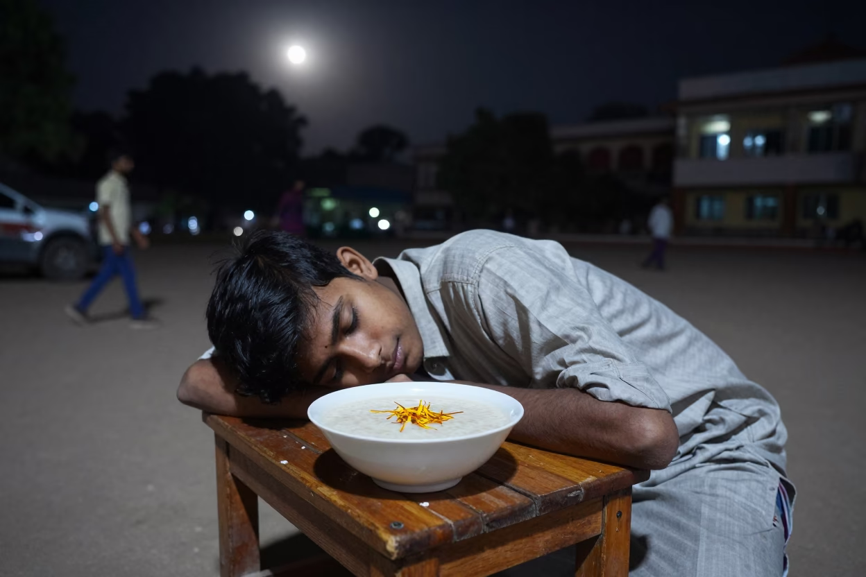 Hyderabad Night Street Scene with Bowl of Kheer and Moonlit Campus Quadrangle in in Hyderabad, India