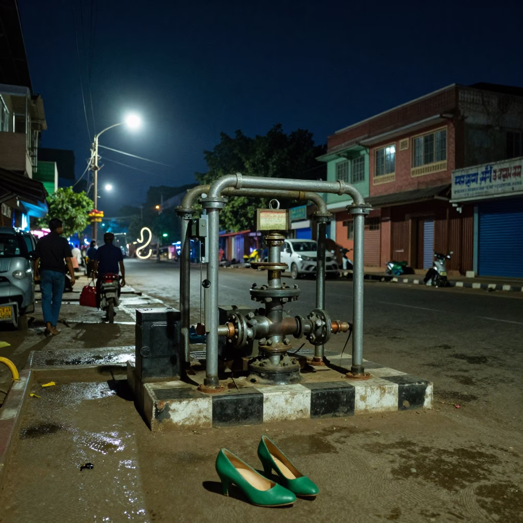 Hyderabad Night Street Scene with Green Pumps and Local Vendors Under Deep Sky in in Hyderabad, India