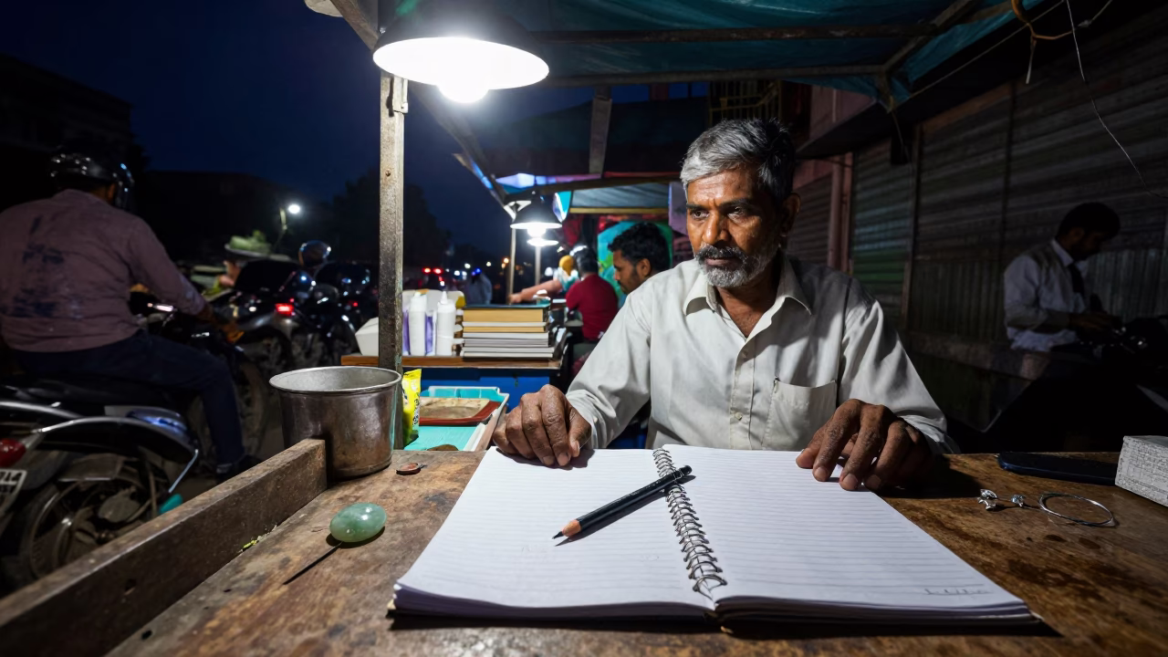 Hyderabad Night Street Scene with Mechanical Pencil and Jade Plant in Realistic Photography in in Hyderabad, India