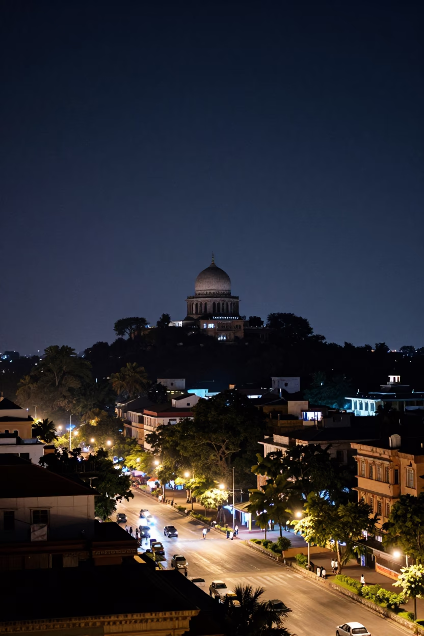 Hyderabad Night Street Scene with Stone Observatory Hilltop and Moonlit Campus Quadrangle in in Hyderabad, India