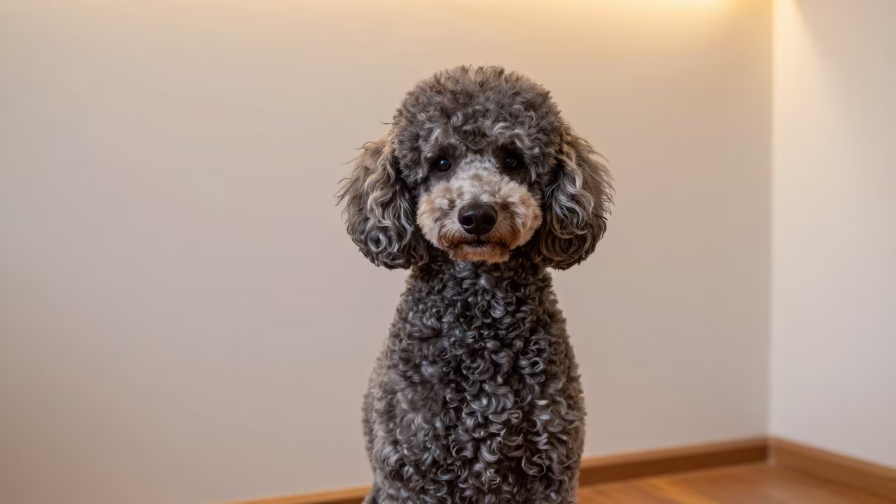 Hyderabad Poodle Portrait Soft Indoor Light in beside a plain plaster wall in soft indoor light with the animal centered in frame in Hyderabad