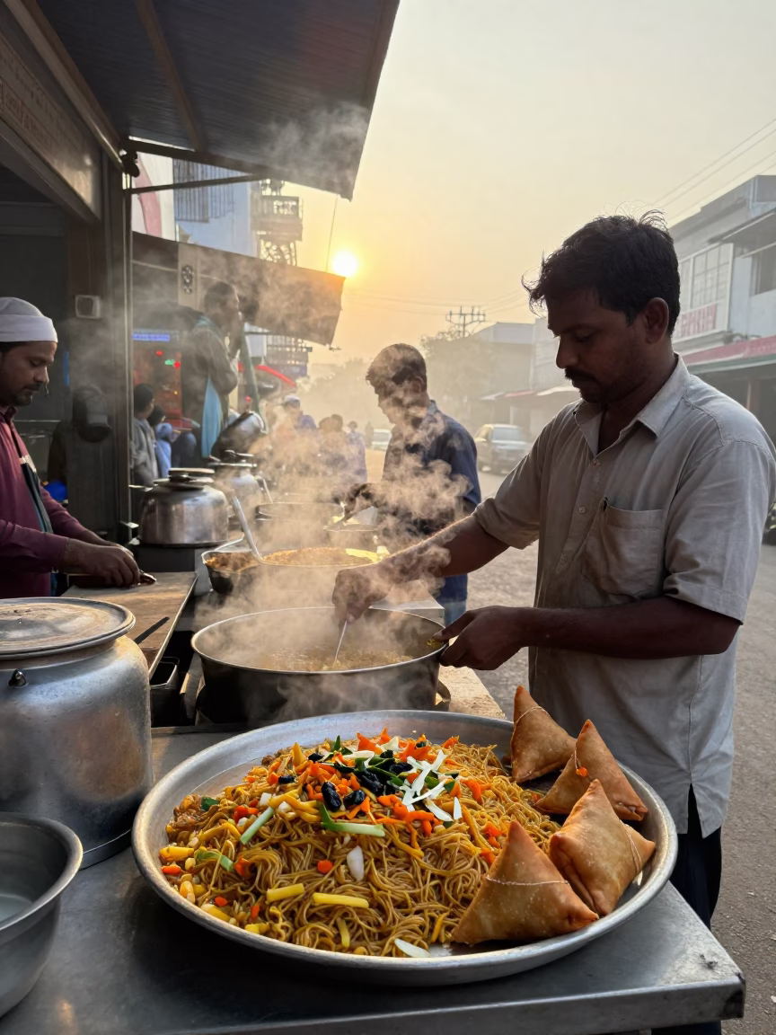Hyderabad Street Breakfast at Dawn with Koshari and Sambusa Near Rail Tracks in in Hyderabad, India