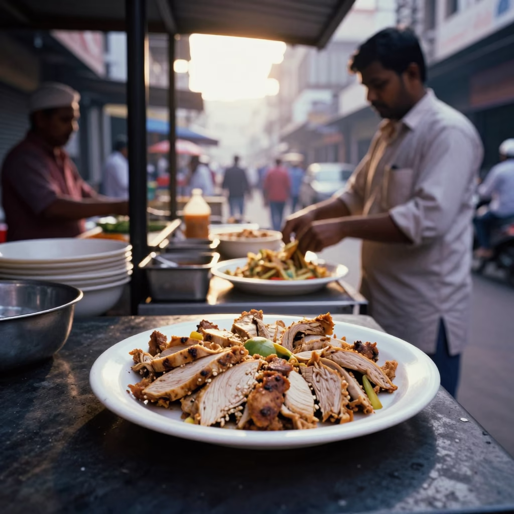 Hyderabad Street Breakfast Scene with Chicken Shawarma Plate and Pickles at Dawn in in Hyderabad, India