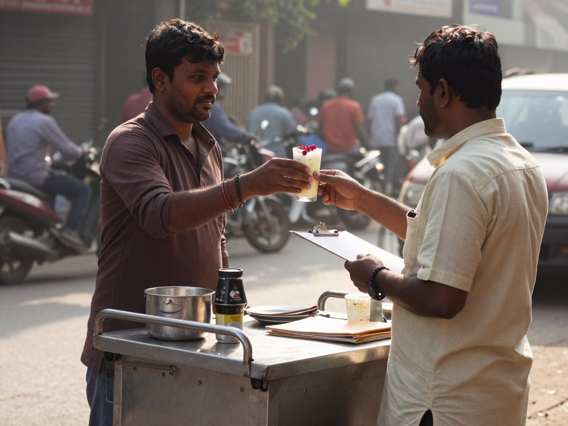Hyderabad Street Breakfast Scene with Lassi and Clipboard at Sunrise in in Hyderabad, India
