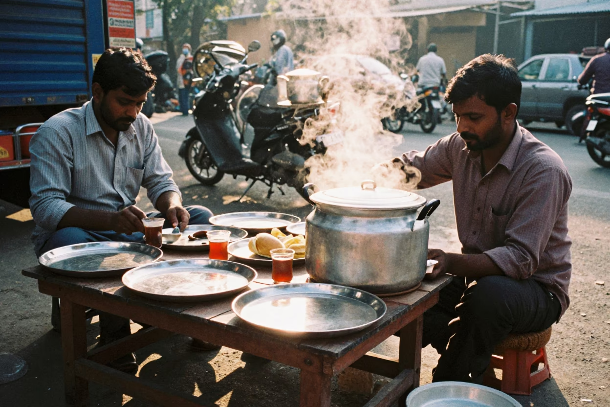 Hyderabad Street Breakfast Scene with Steel Plates and Tea Glass at Sunrise in in Hyderabad, India