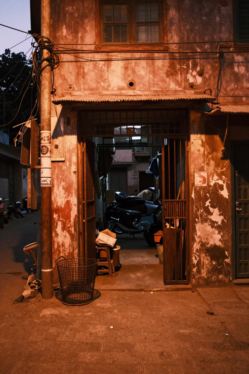 Hyderabad Street Corner at Copper-toned Light Before Dusk in in Hyderabad, India