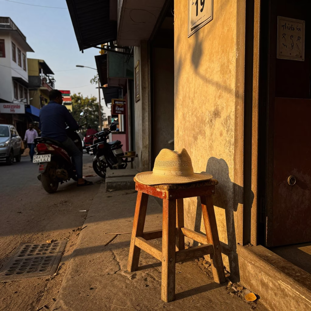 Hyderabad Street Corner Evening Light with Sun Hat and Work Stool in in Hyderabad, India