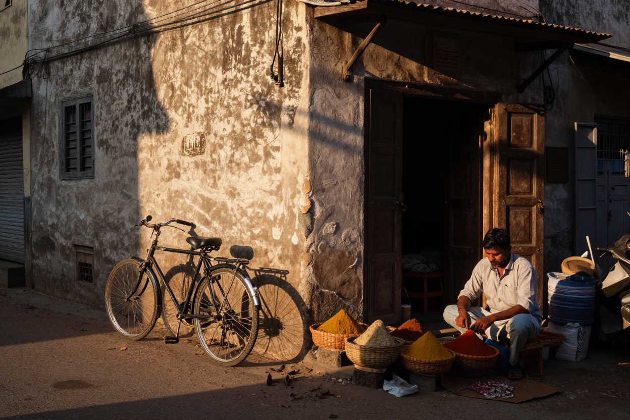 Hyderabad street corner morning light with local vendor and bicycle in in Hyderabad, India