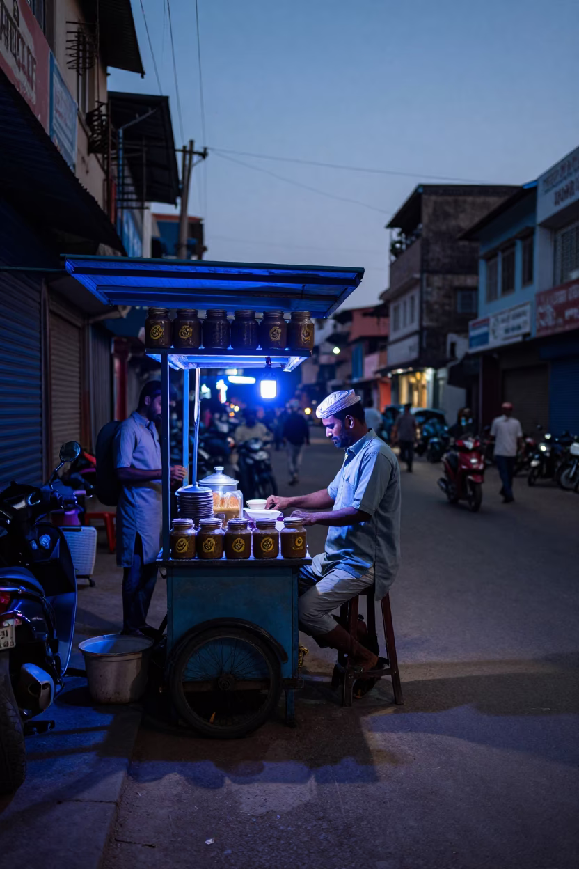 Hyderabad Street Evening Blue Light with Spice Jars and Clay Teapot in in Hyderabad, India