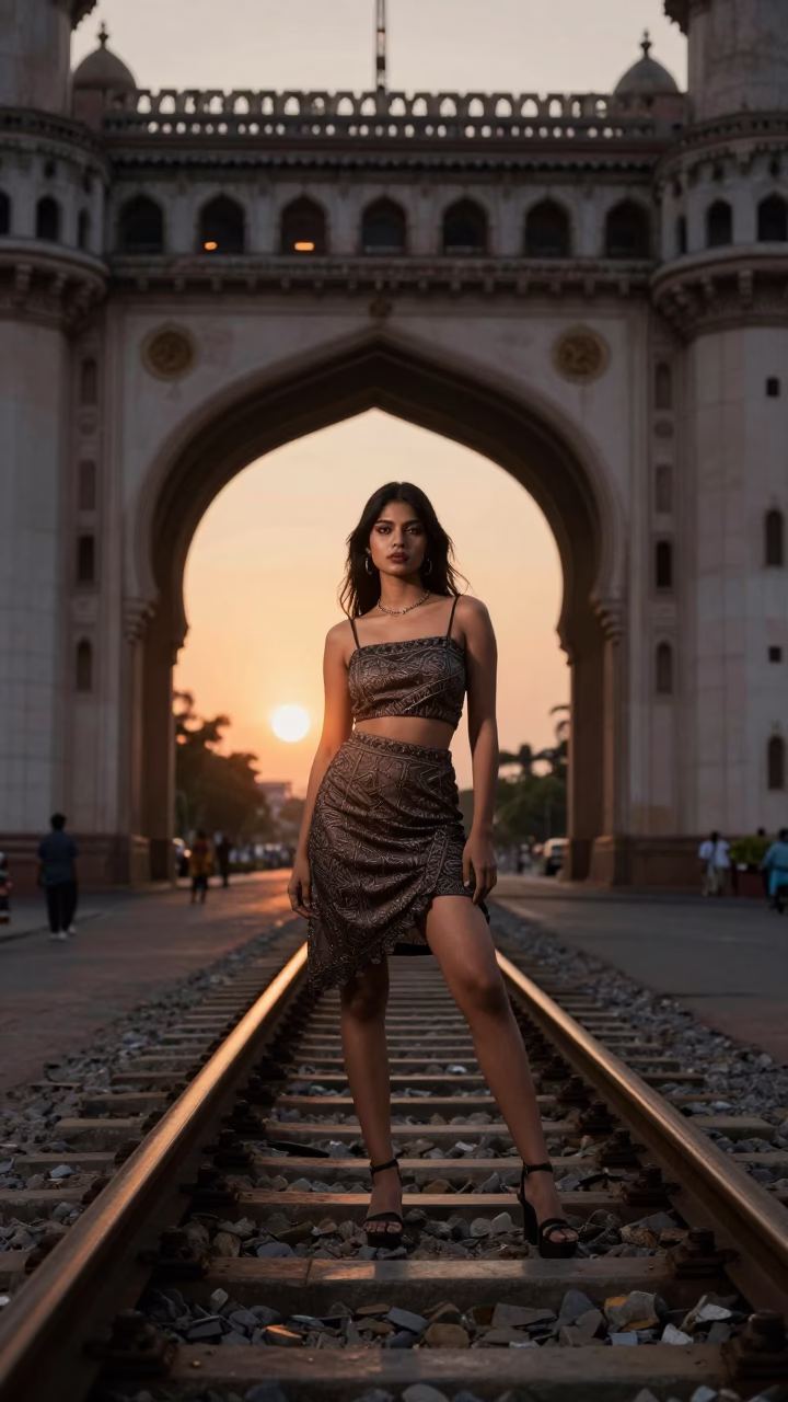 Hyderabad Street Fashion Portrait with Sunlight and Steel Rail in in Hyderabad, India