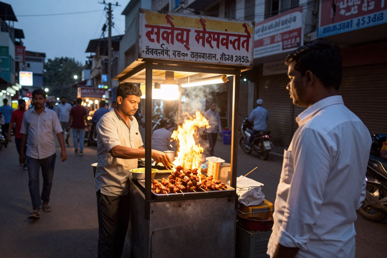 Hyderabad Street Food Stall at Dusk with Chicken Shawarma and Pickles in in Hyderabad, India