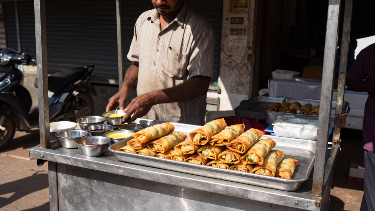 Hyderabad Street Food Stall Under Noon Sun Selling Fresh Spring Rolls and Chutney in in Hyderabad, India