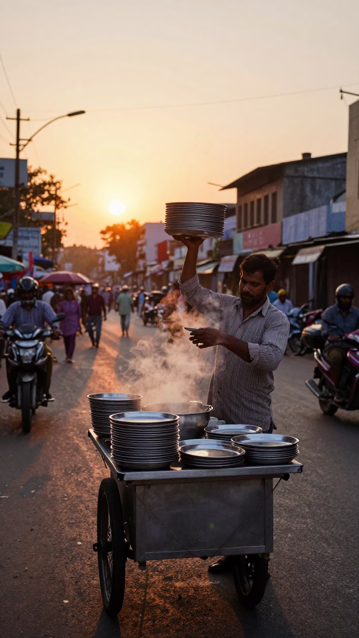 Hyderabad Street Food Vendor at Sunset with Steel Thalis and Chai in in Hyderabad, India