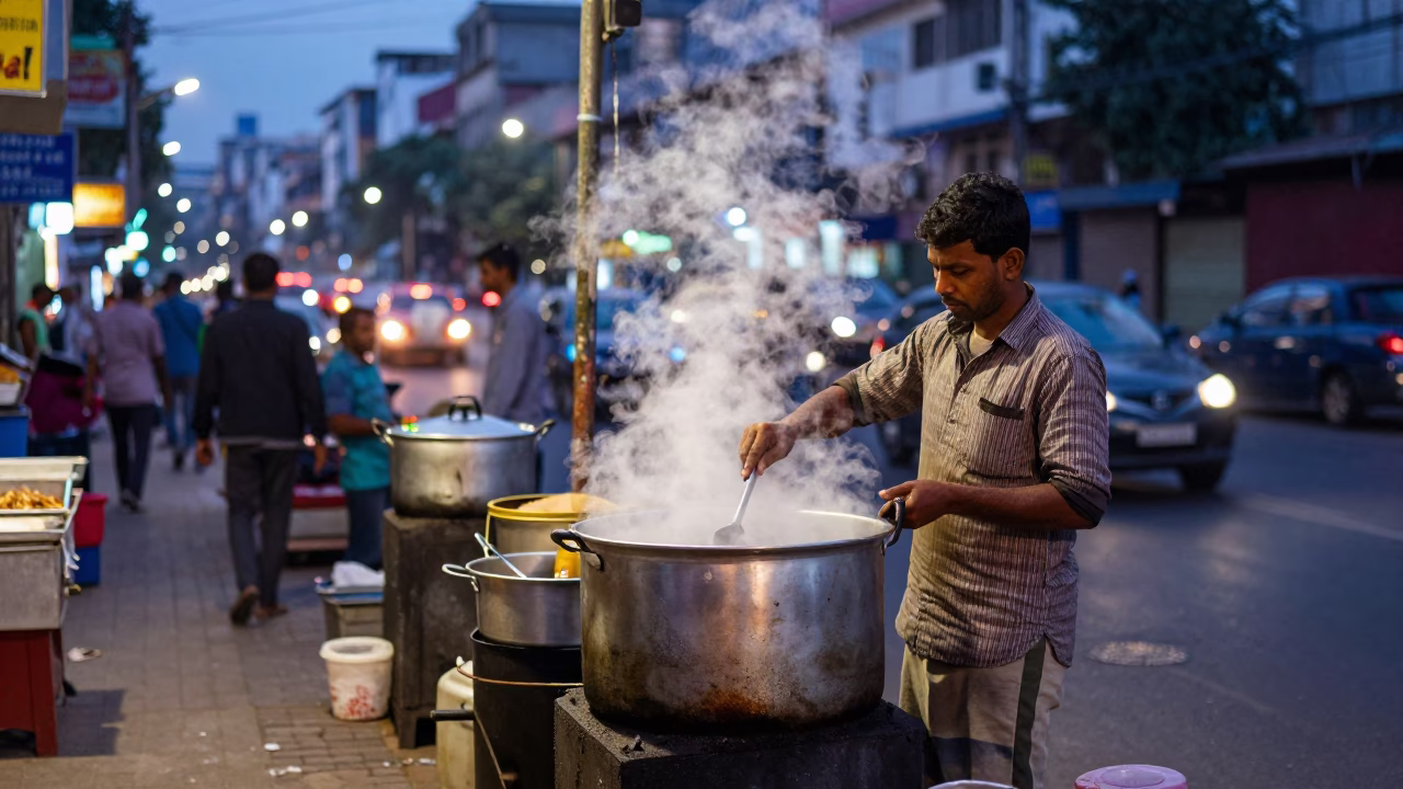 Hyderabad Street Food Vendor Cooking Pot and City Lights at Dusk in in Hyderabad, India