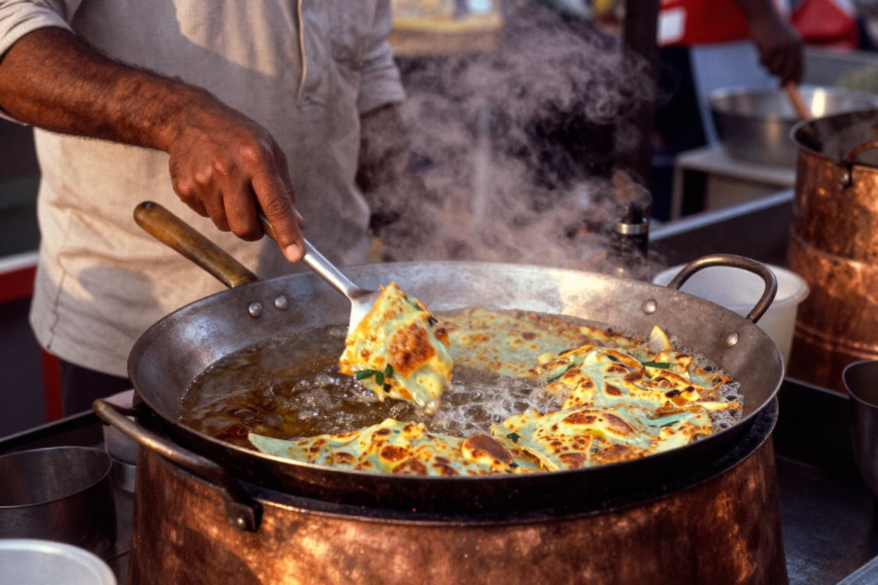 Hyderabad Street Food Vendor Cooking Sizzling Pan in Copper Dusk Light in in Hyderabad, India