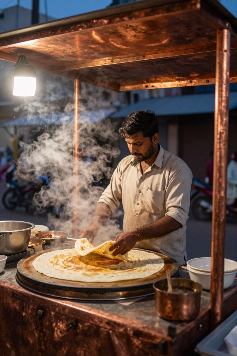 Hyderabad Street Food Vendor Preparing Fresh Paratha in Golden Dusk Light in in Hyderabad, India