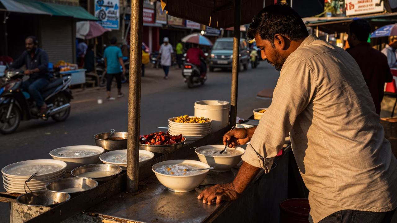 Hyderabad street food vendor serving bowl of congee with crispy shallots at golden hour in in Hyderabad, India