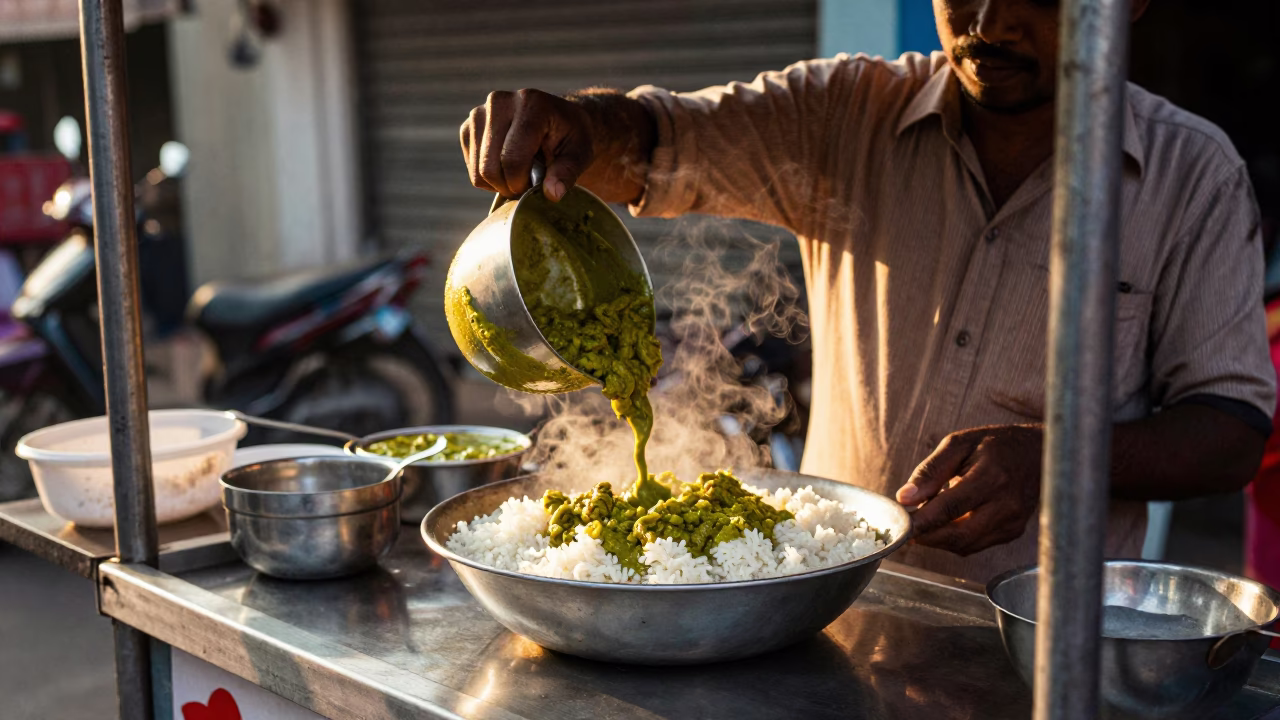 Hyderabad Street Food Vendor Serving Green Curry and Rice at Golden Hour Before Sunset in in Hyderabad, India