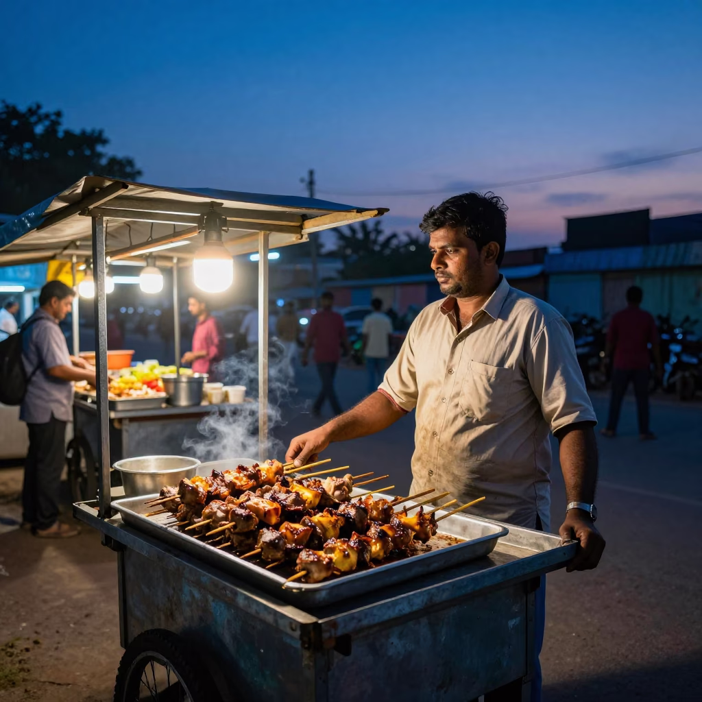 Hyderabad street food vendor serving hot kebabs under indigo twilight with prayer beads nearby in in Hyderabad, India