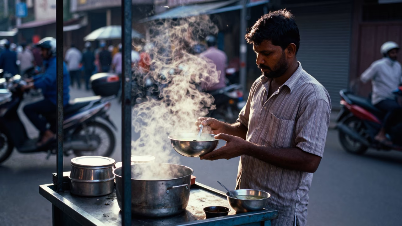 Hyderabad Street Food Vendor Serving Hot Soup in Early Evening Light in in Hyderabad, India
