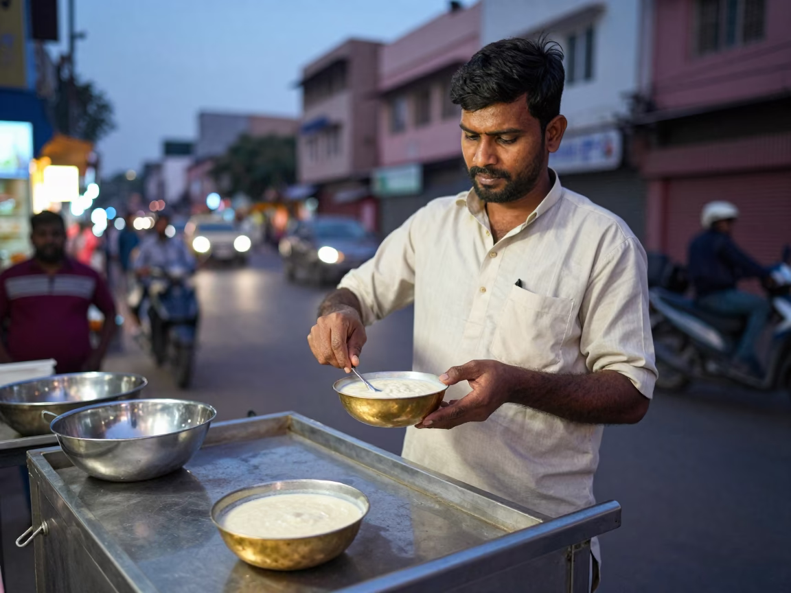 Hyderabad Street Food Vendor Serving Kheer at Dusk with City Lights in in Hyderabad, India