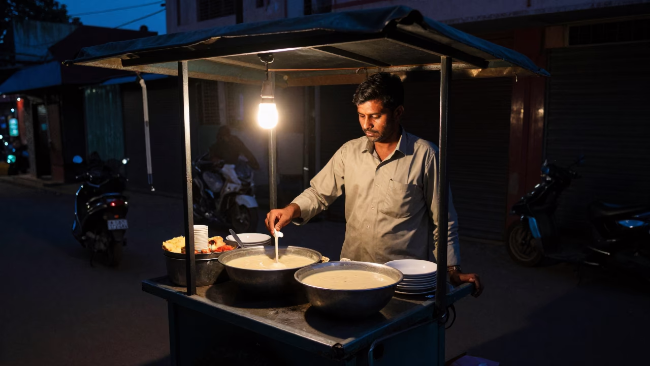 Hyderabad Street Food Vendor Serving Kheer Sagar at Predawn in in Hyderabad, India