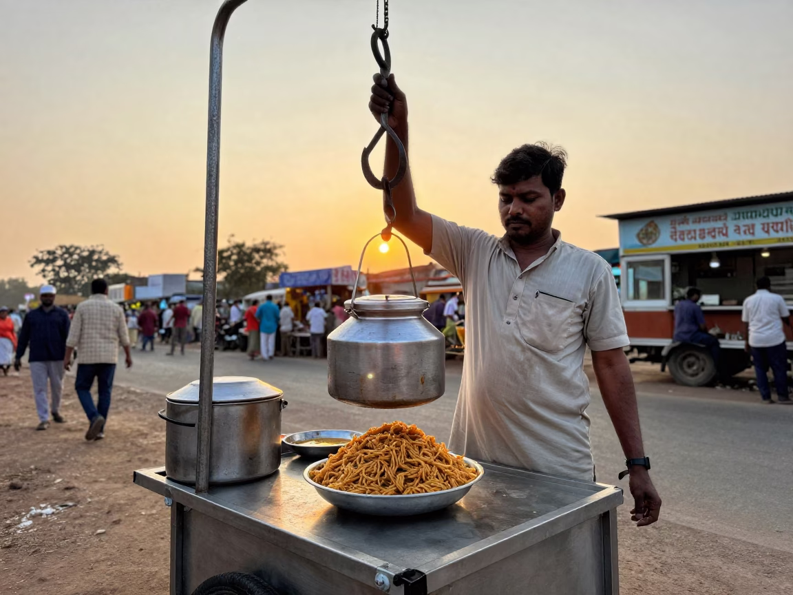 Hyderabad street food vendor serving maafe at sunset with iron hook details in in Hyderabad, India