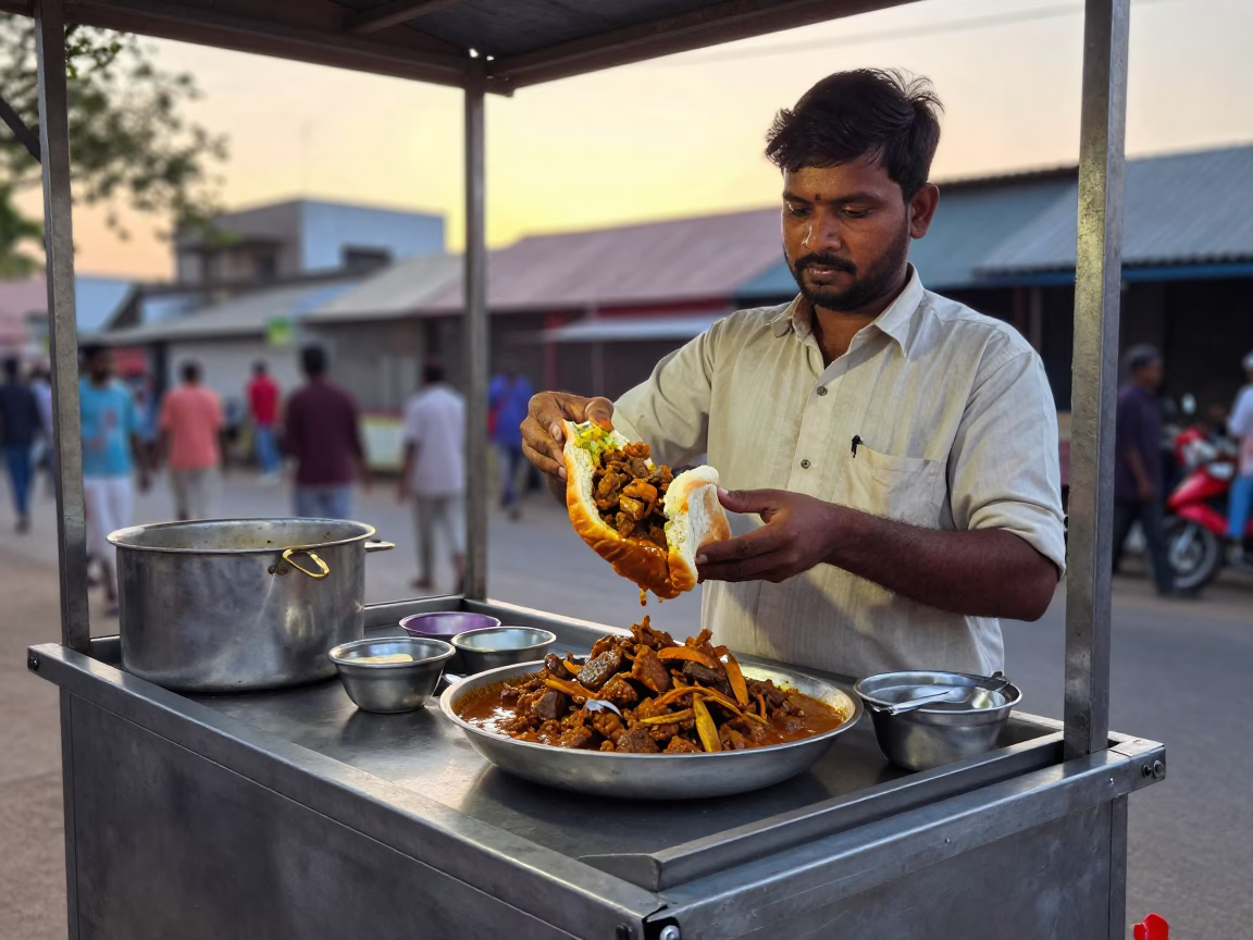 Hyderabad street food vendor serving spicy bunny chow curry at sunset in India in in Hyderabad, India