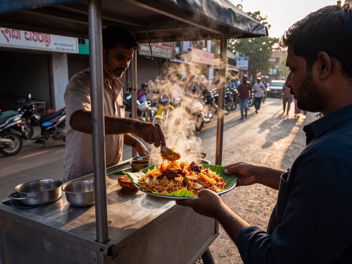 Hyderabad Street Food Vendor Serving Spicy Hyderabadi Biryani with Raita in Early Evening Light in in Hyderabad, India