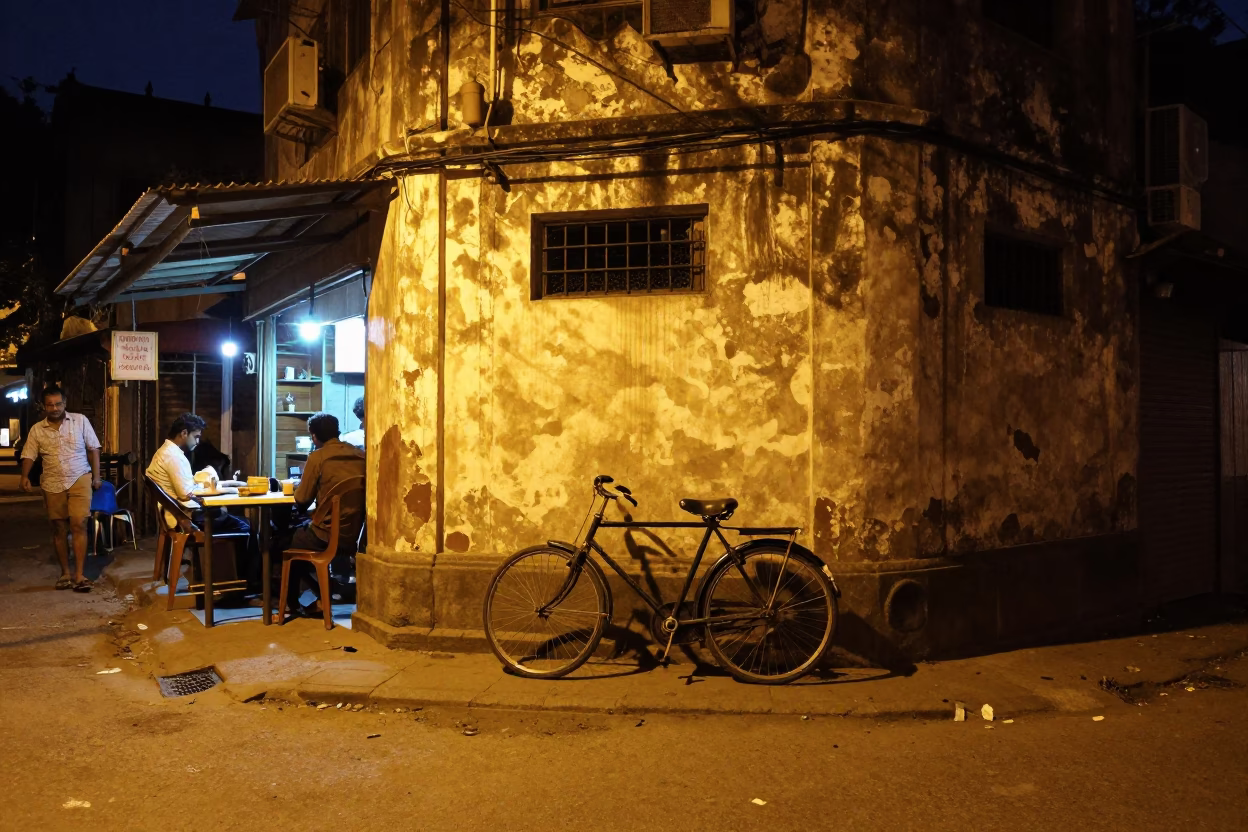 Hyderabad Street Night Scene With Bicycle Leaning Against Cafe Under Deep Sky in in Hyderabad, India