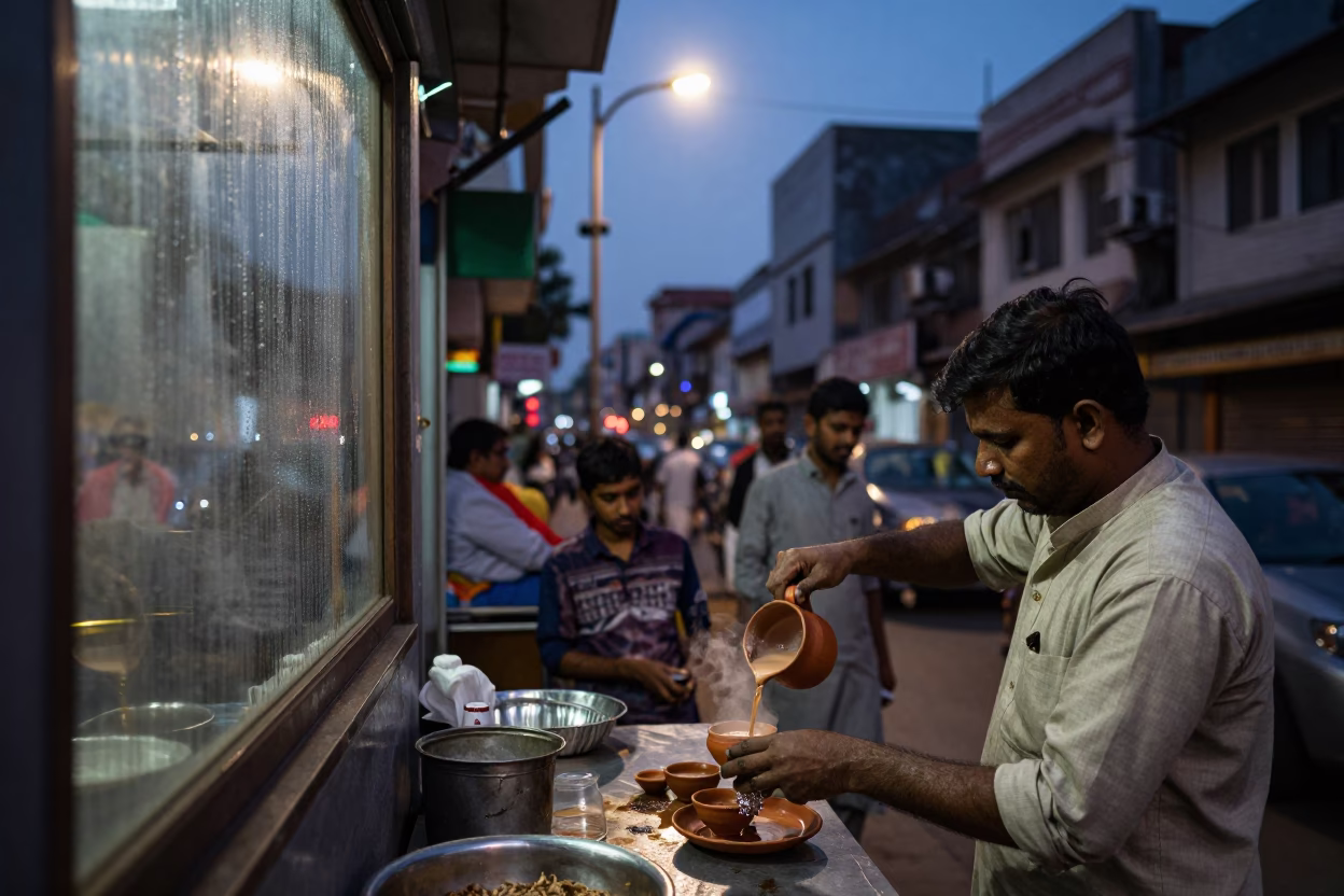 Hyderabad street scene at dusk with condensation on window glass and local market activity in in Hyderabad, India