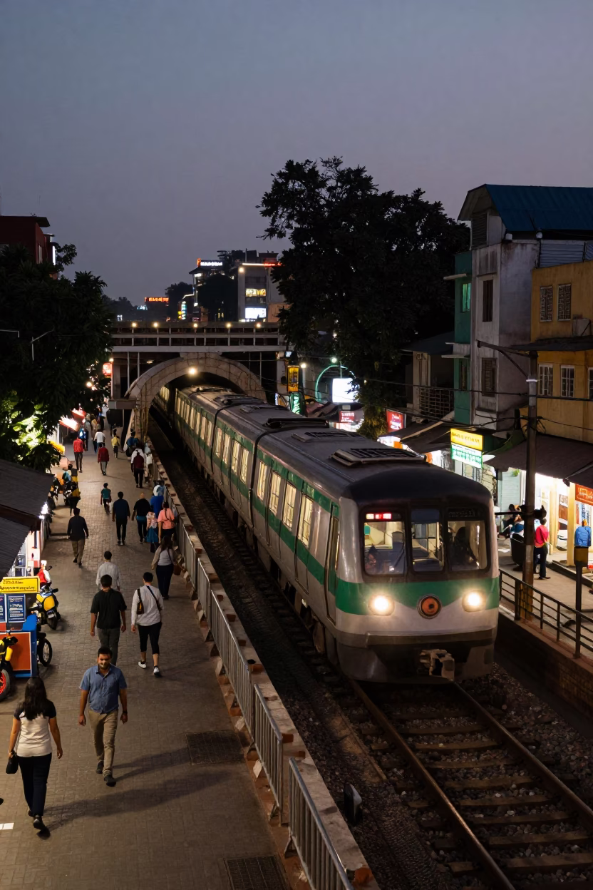 Hyderabad Street Scene at Dusk with Metro Train and Busy Traffic in in Hyderabad, India