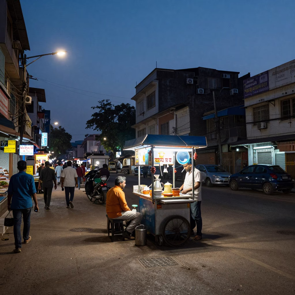 Hyderabad Street Scene at Dusk with Tea Stall and Evening Glow in in Hyderabad, India
