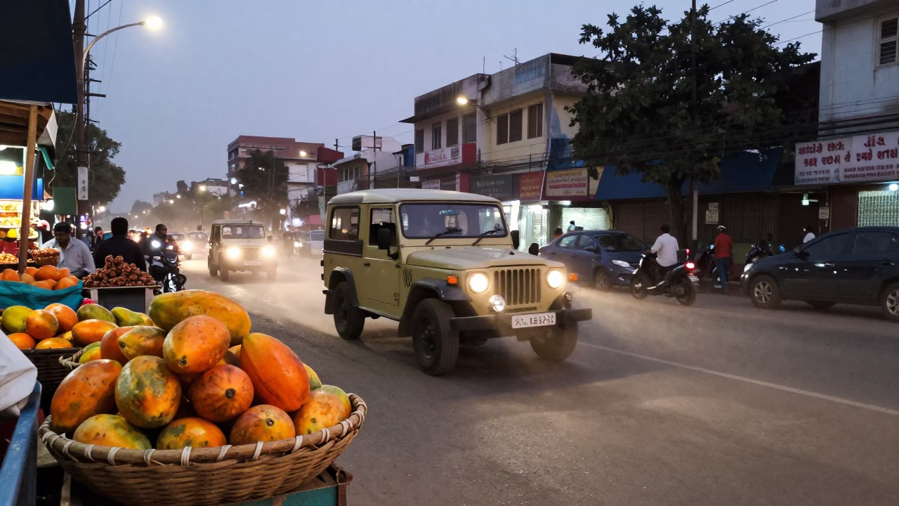 Hyderabad Street Scene at Dusk with Vintage SUV and Local Market Activity in in Hyderabad, India