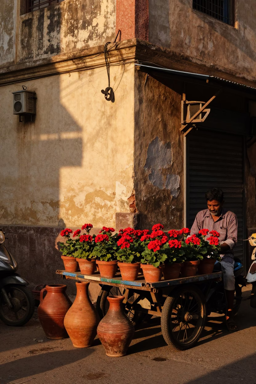 Hyderabad Street Scene at Golden Hour with Potted Geraniums and Clay Pots in in Hyderabad, India