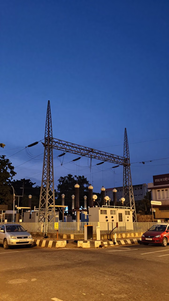 Hyderabad street scene at nautical dawn with power substation and morning commuters in in Hyderabad, India