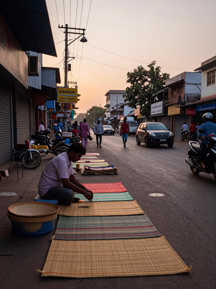 Hyderabad Street Scene at Nautical Dawn with Woven Mats and Plumbago Hedge in in Hyderabad, India
