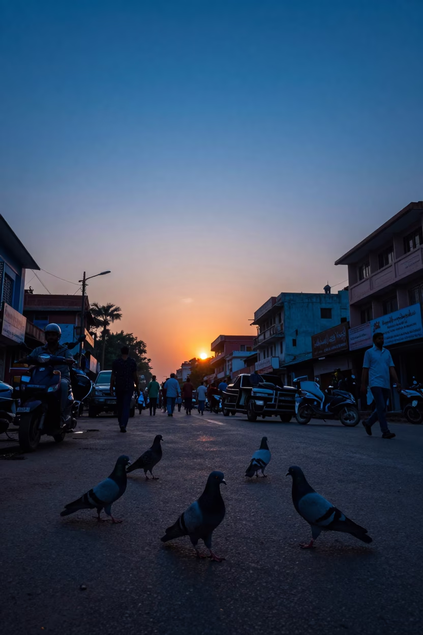 Hyderabad street scene at sunset with pigeons and local architecture in in Hyderabad, India