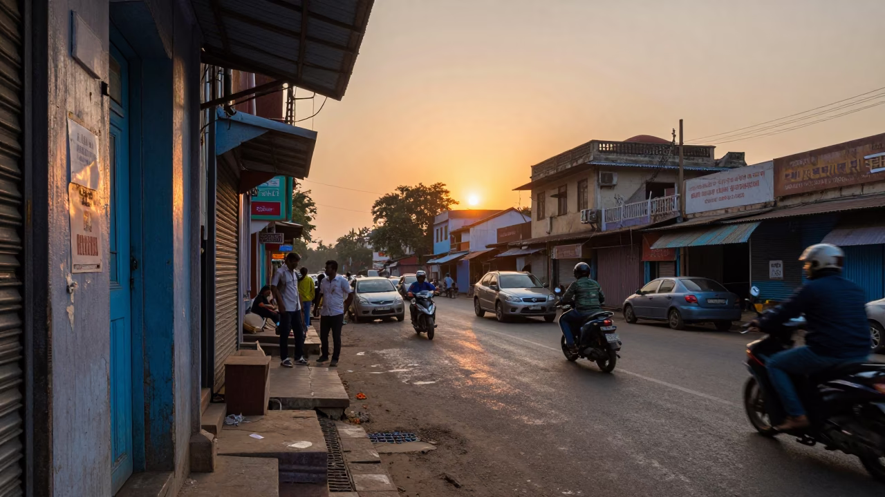 Hyderabad Street Scene at Sunset with Scuffed Painted Wood and Glass Saucer in in Hyderabad, India