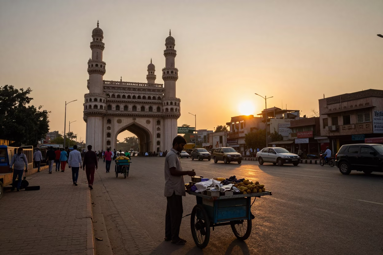 Hyderabad street scene at sunset with street vendor selling snacks near Charminar in in Hyderabad, India