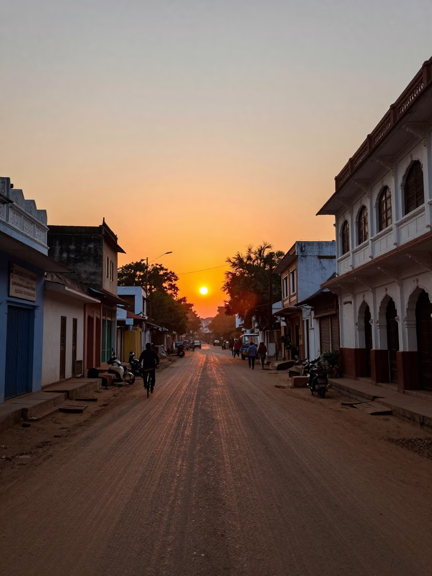 Hyderabad street scene at sunset with traditional architecture and local life in in Hyderabad, India