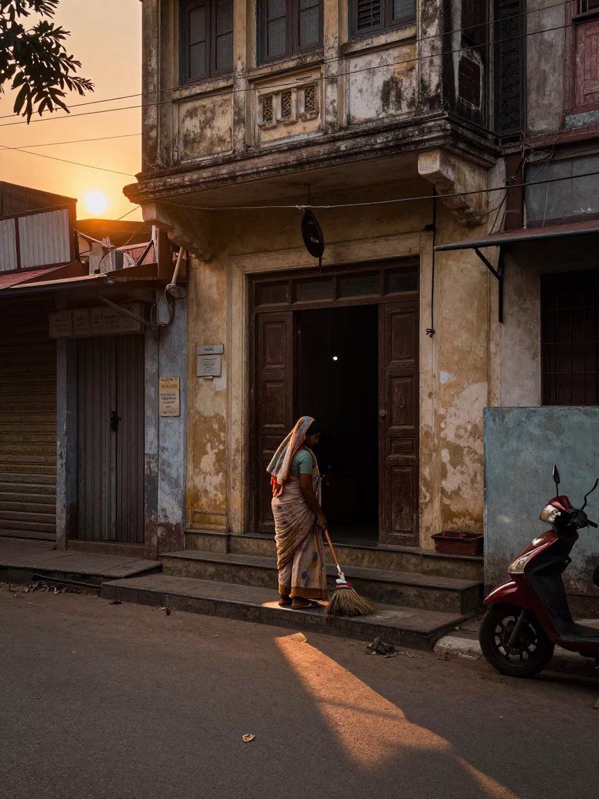 Hyderabad street scene at sunset with woman cleaning entrance using broom and dustpan in in Hyderabad, India