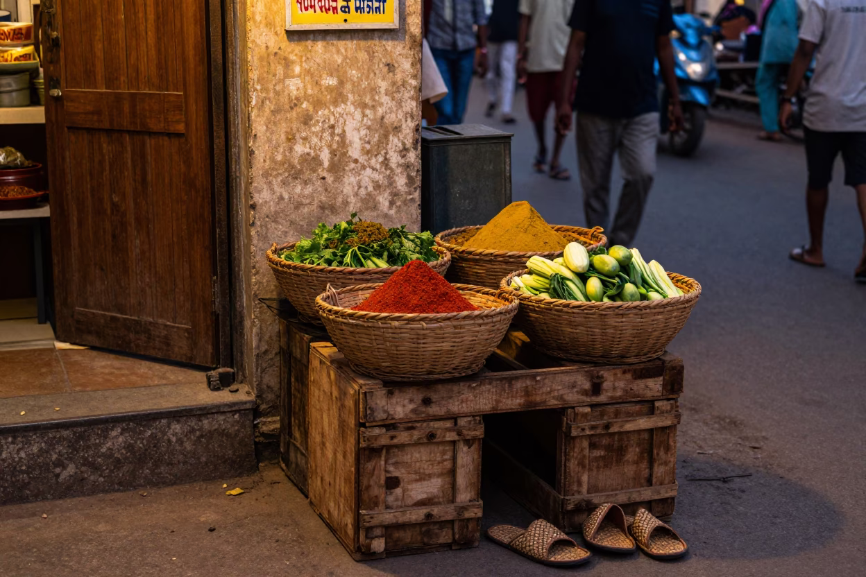 Hyderabad Street Scene Evening Light with Slippers and Woven Baskets in in Hyderabad, India