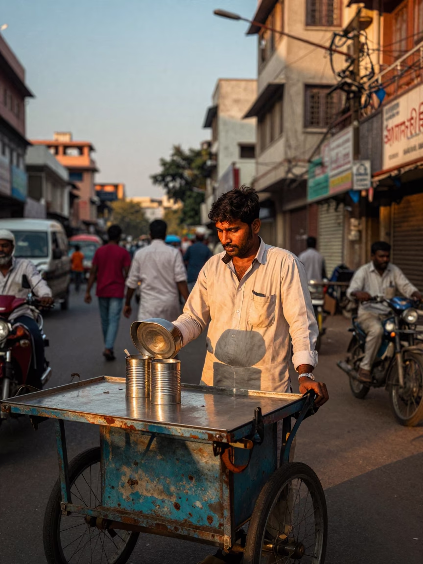 Hyderabad Street Scene Evening Light with Tea Vendor and Traditional Pottery in in Hyderabad, India