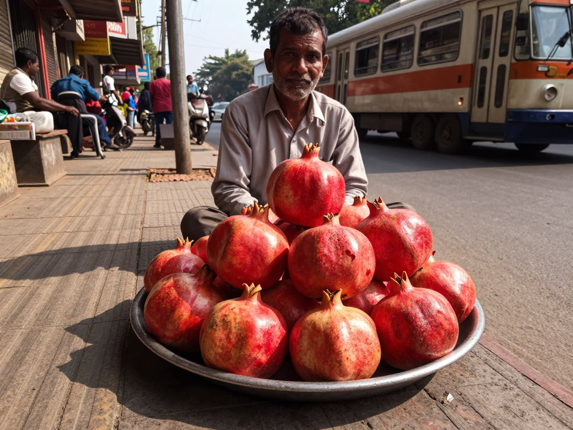 Hyderabad Street Scene Late Afternoon Light with Pomegranate and Plate in in Hyderabad, India