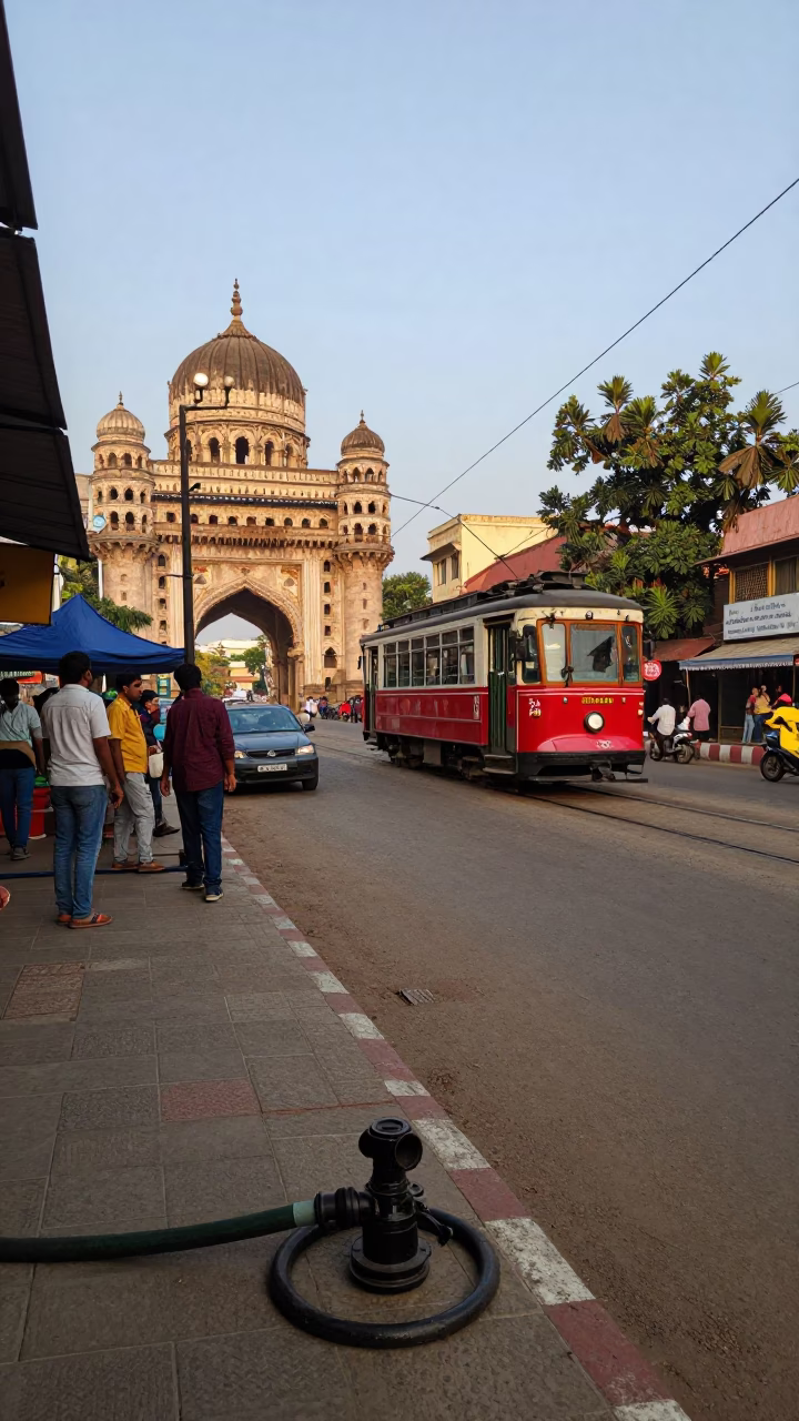 Hyderabad Street Scene Late Afternoon with Hose Nozzle and Tram on Steep Hill in in Hyderabad, India