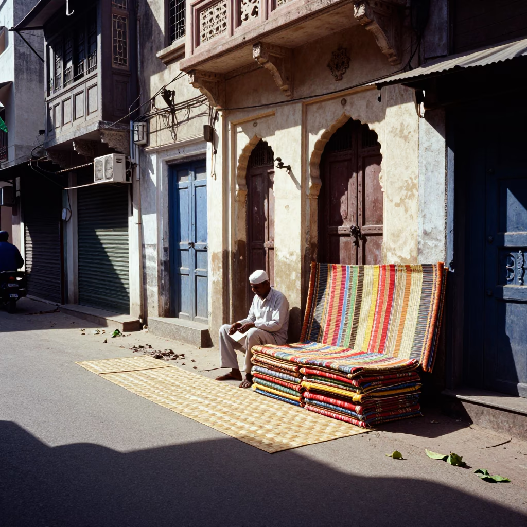Hyderabad Street Scene Midday Heat Woven Mats and Leaf Shadows on Building Sill in in Hyderabad, India