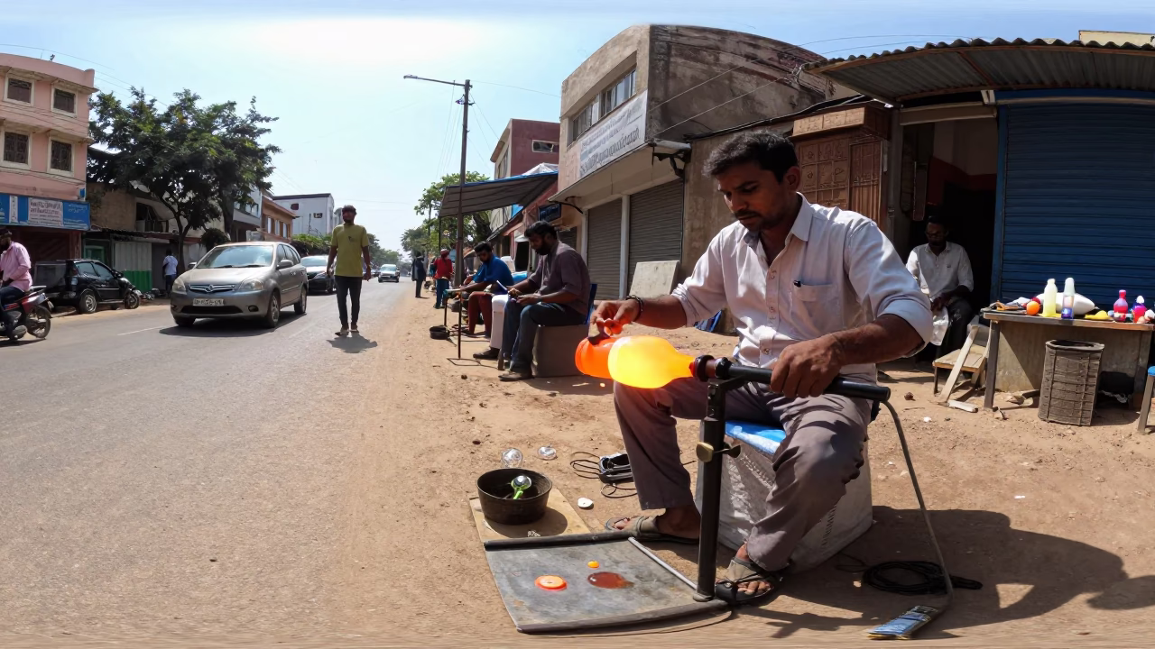 Hyderabad Street Scene Noon Sunlight Glass Blowing Demonstration Bottle Vendor in in Hyderabad, India