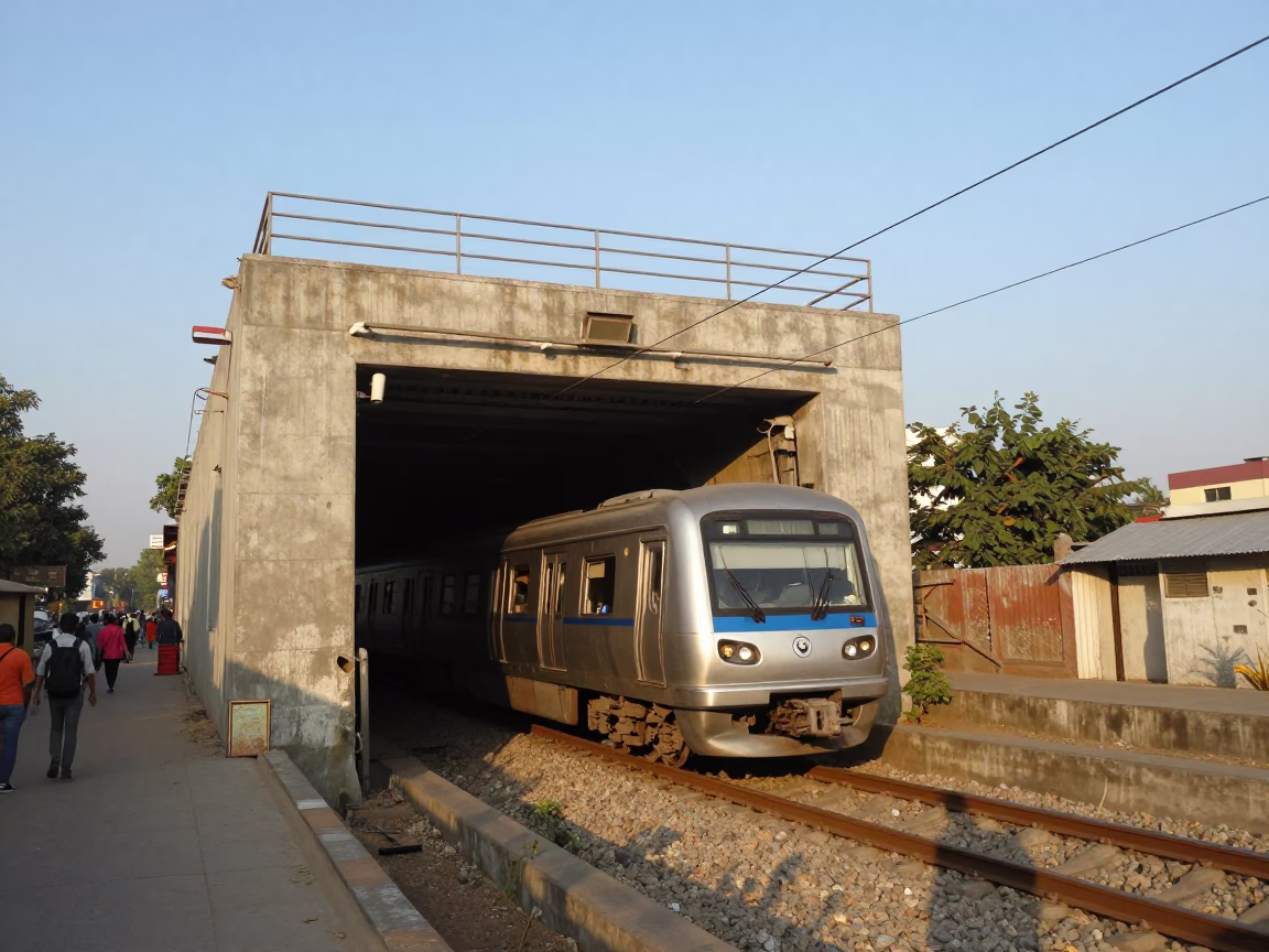 Hyderabad street scene with metro train emerging into clear late-afternoon light in in Hyderabad, India