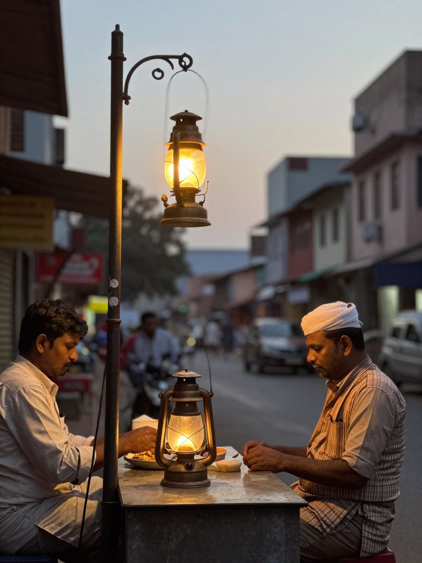 Hyderabad Street Scene with Oil Lamp and Evening Light 1990s Photography in in Hyderabad, India